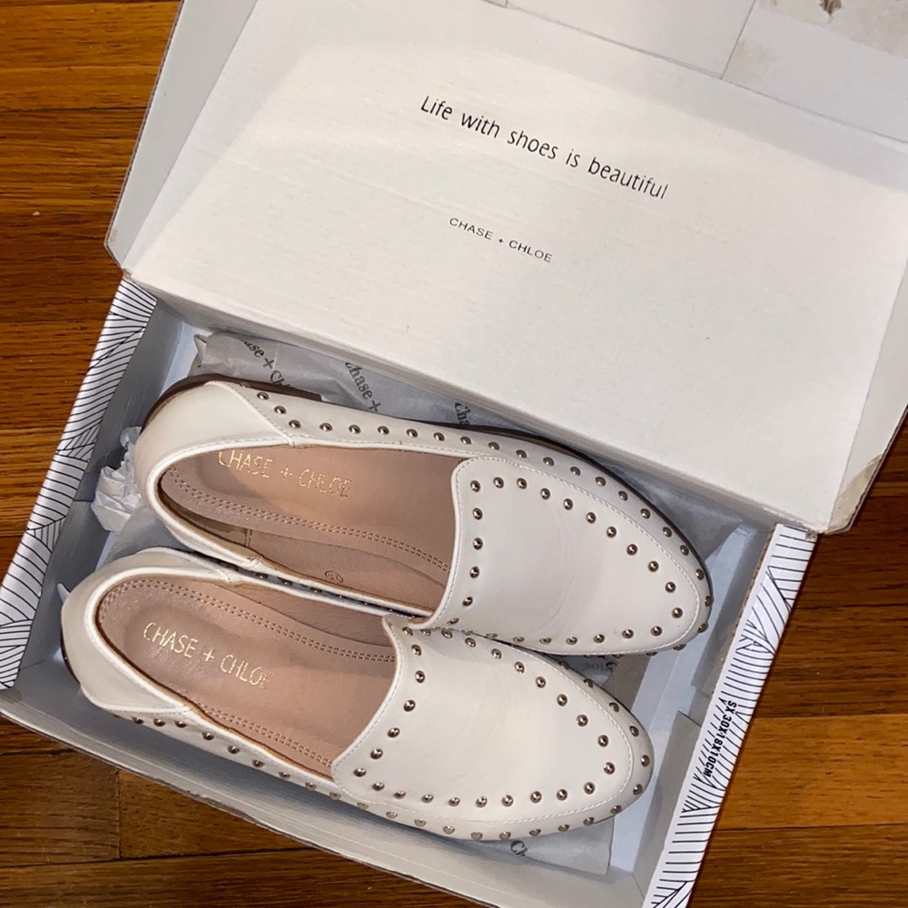 White pleather studded loafers